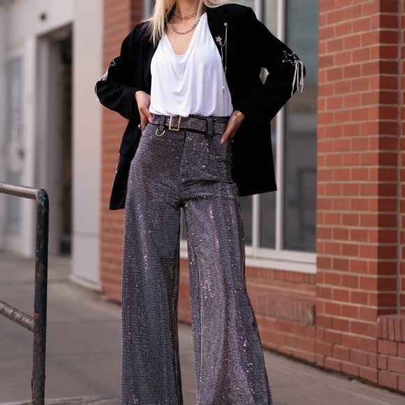 Kate Hewko Pants - Glamorous Sequin Wide-Leg Pants - Black and Silver